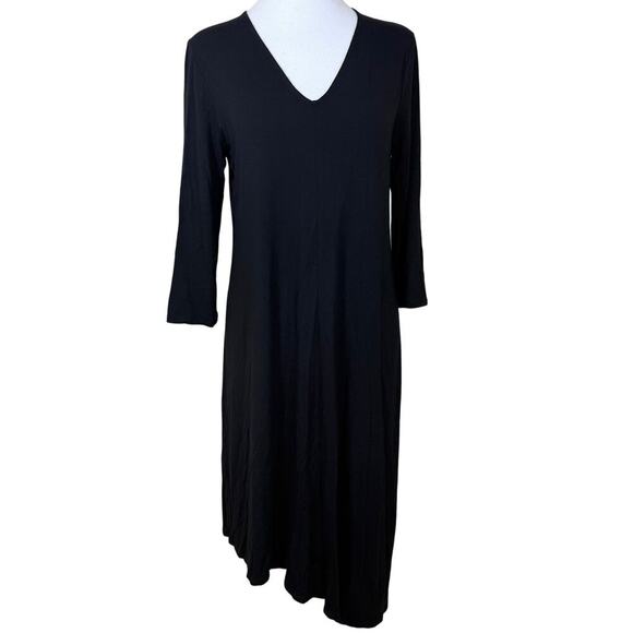 Eileen Fisher Asymmetrical Midi Dress Medium Black V Neck Minimalist - Picture 1 of 7
